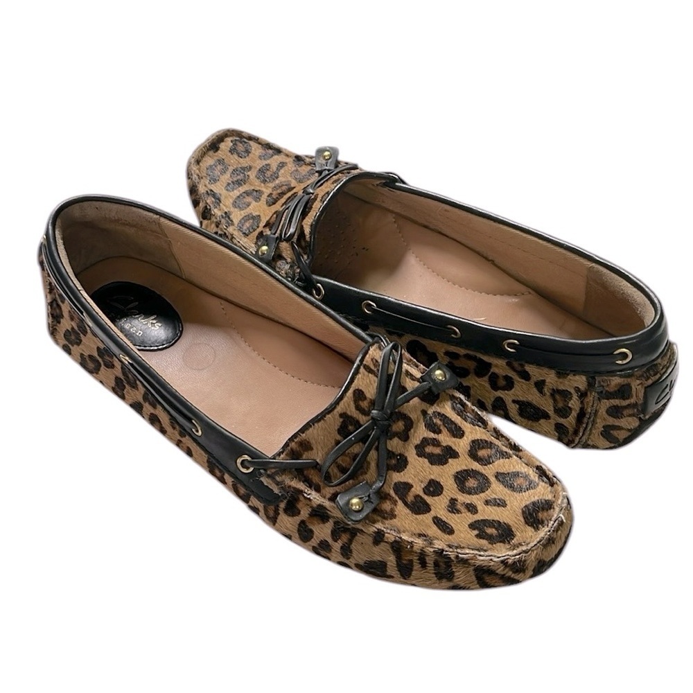Clarks Brown and Black Calf Hair Leopard Loafers - Picture 3 of 6